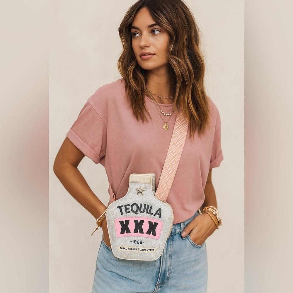 Tequila Bottle Crossbody Purse – Sparkly Novelty Bag with Pink Embroidered Strap